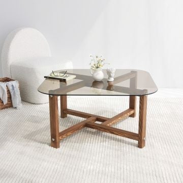 Locelso salontafel met gehard glas | 100% grenen frame | Eikenkleur