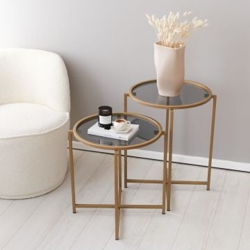 Locelso Salontafel Set, 100% Gehard Glas, 4mm Dik, Metalen Frame, Gold Fume Kleur