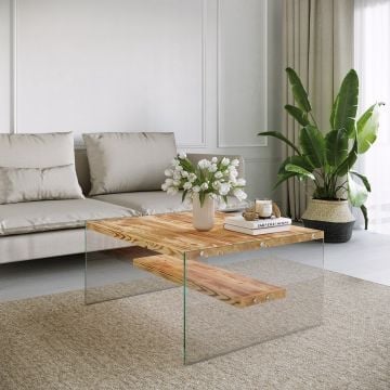 Luxe Locelso Salontafel | 100% Massief Pijnboomhout | 100% Gehard Glazen Poot | Milieuvriendelijk | Eikenkleur