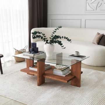 Tweede kans Locelso Salontafel | Massief Houten Frame | Gehard Glas | 105x40x60cm | Houten