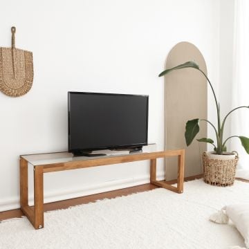 Locelso TV Stand | 100% Massief Grenen en Gehard Glas | 6mm Dikte | Wandmontage | Houten Kleur