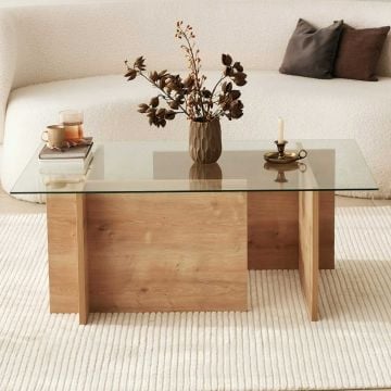 Woody Fashion Salontafel | Gehard Glas en Massief Hout | 105x40x65cm | Saffier Eik