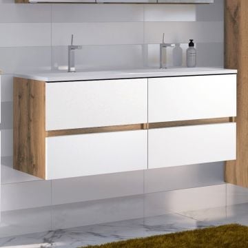 Wastafelmeubel Luna 120cm met dubbele wastafel en 4 lades - eik/wit