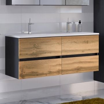 Wastafelmeubel Luna 120cm met dubbele wastafel en 4 lades - grafiet/eik