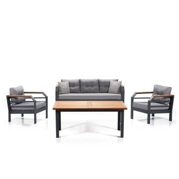 Woody Fashion Tuin Loungeset - ALIMINIUM Frame, Acryl Stof, IRIKO Tree Top, 3-zits Bank, Wing Chair, Salontafel - Grijs Zwart
