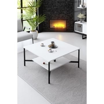Modern Chique Salontafel | Woody Mode | Metalen Poten | 80x80x40 cm | Wit Zwart