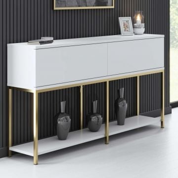 Moderne consoletafel: Woody Fashion | Melamine coating, Metalen poten, 150x80x30cm, Witgoud.