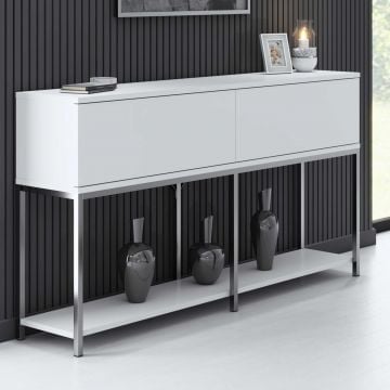Woody Fashion Console 18mm Melamine Gecoat Board, Metalen Poten, 150x80x30cm, Wit Zilver