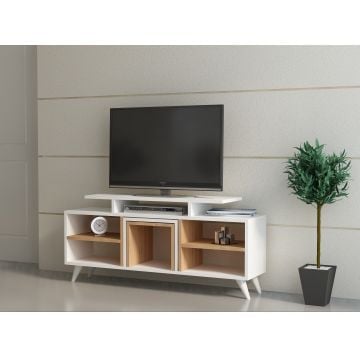 TV-meubel Woody Fashion - 120x29x57cm - met twee bijzettafeltjes - wit/teak