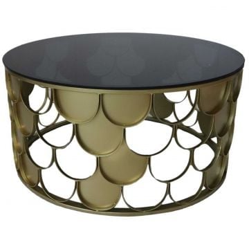 Salontafel Pesci - Ø80x40cm - glas en metaal - zwart/goud