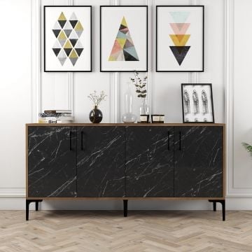 Modern Nachtkastje | Houten Mode | 100% Melamine Gecoat | Metalen Poten en Plastic Handvat | Walnoot Zwart Marmer