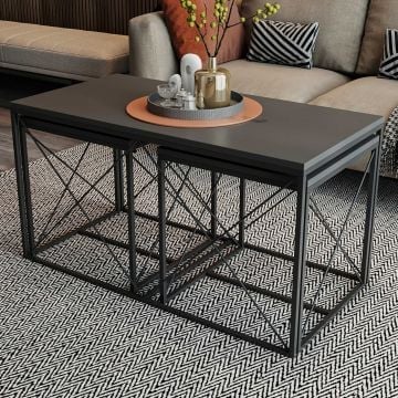 Modern Woody Fashion Salontafel Set | Melamine Gecoat Board, Metalen Poten | Antraciet Zwart