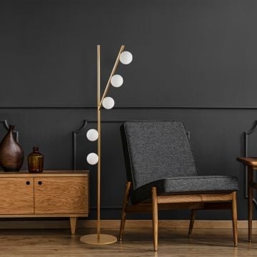 Fulgor vloerlamp | metalen frame en glazen kap | gouden afwerking