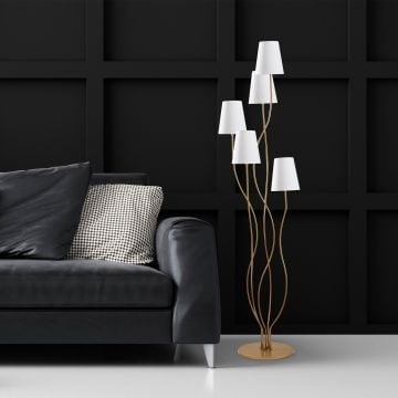 Fulgor vloerlamp | metalen frame | stoffen kap | goudwit