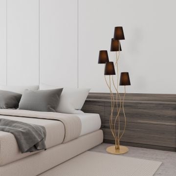 Fulgor vloerlamp | metalen frame | stoffen kap | goud zwart