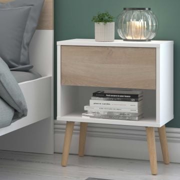Nachtkastje Hardy 44cm 1 lade - wit/eik