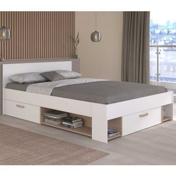 Tweepersoonsbed Achiel - 140x200cm - met opbergruimte - wit/eikdecor