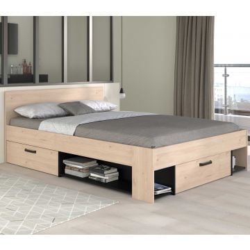 Tweepersoonsbed Achiel - 140x200cm - met opbergruimte - eikdecor/zwart
