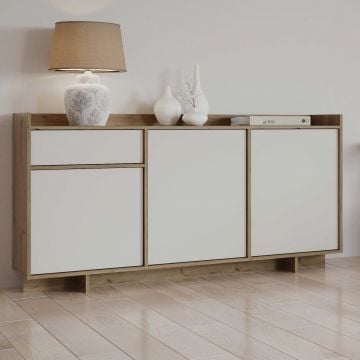Dressoir Leda - 157x36x82cm - 3 deuren & 1 lade - wit/eikdecor