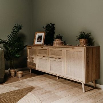 Dressoir Bilal 180cm 4 deuren & 2 lades - eik/geprint rafia