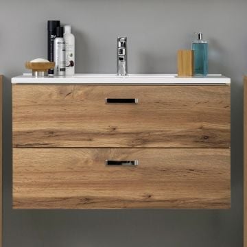 Wastafelmeubel Bobbi 100cm met 2 lades en keramische wastafel - eik