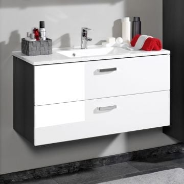 Wastafelmeubel Bobbi 100cm met 2 lades en keramische wastafel - grafiet/hoogglans wit