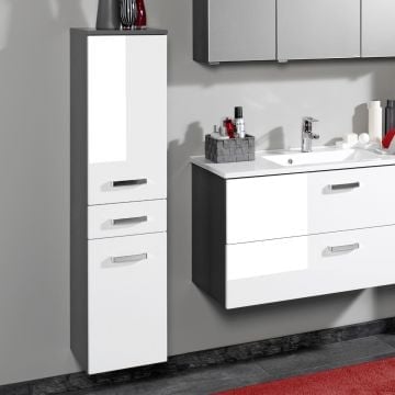 Kolomkast Bobbi laag 30cm 2 deuren en 1 lade - grafiet/hoogglans wit