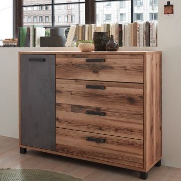 Commode Kalas 125cm met 1 deur & 4 lades - bruin/grijs 
