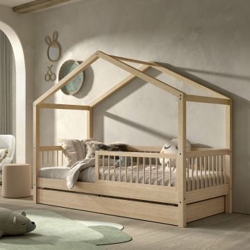 Huisbed Forrest 90x200cm met bedhekje en bedlade - beukenhout 