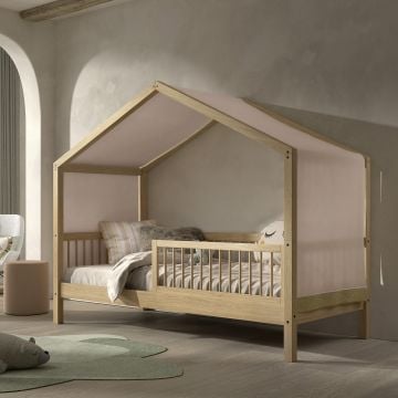 Huisbed Forrest 90x200 met uitvalbeveiliging en bedtent - beukenhout/roze