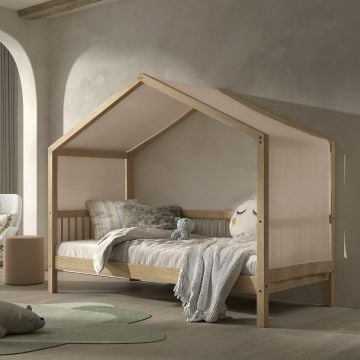 Huisbed Forrest 90x200 met bedtent - massief beukenhout/roze