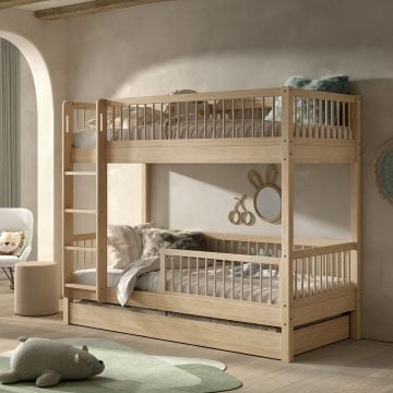 Stapelbed Forrest 90x200cm met bedlade en bedhekje - beukenhout 