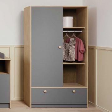 Kledingkast Gamin - 1 deur & 1 lade - eikdecor/donkergrijs