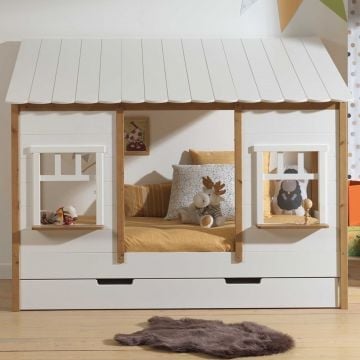 Bedhuisje Odense met bedlade 90x200 MDF - wit/dennenhout  