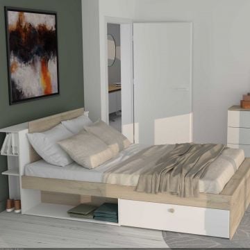 Tweepersoonsbed Liva - 160x200cm - met opbergruimte - wit/eikdecor