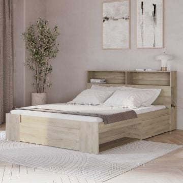 Tweepersoonsbed Maksim - 140x190/200cm - met opbergruimte - eikdecor