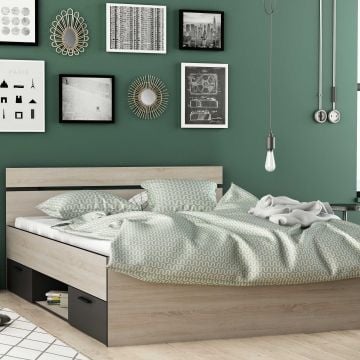 Bed Micheline 140 x 190 cm-geborstelde eik/matzwart