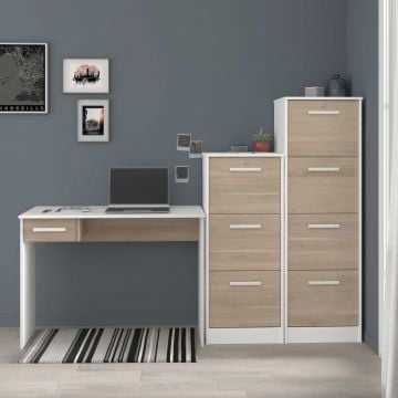 Kantoorset Sil: bureau en twee dossierkasten - eikdecor/wit