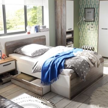 Bed Petrus 140x200 met 2 lades - wit/drijfhout
