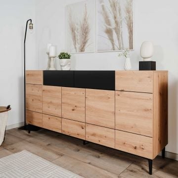 Dressoir Ted 180cm 5 deuren & 2 lades - eik/zwart 