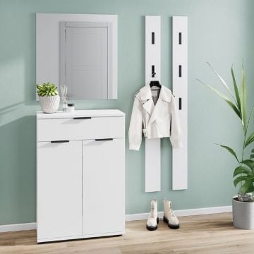 Garderobeset Willian | Schoenenkast, wandspiegel en twee wandkapstokken | Wit