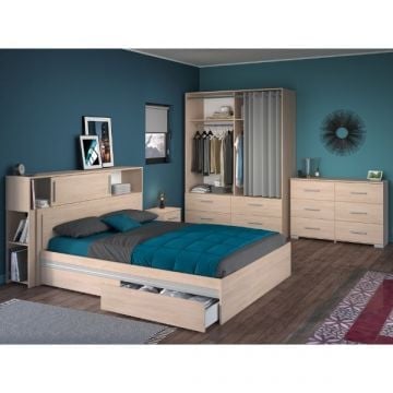 Slaapkamerset Ekko | Twijfelaar, hoofdbord met opbergruimte, nachtkastje, kledingkast, commode | Oak design