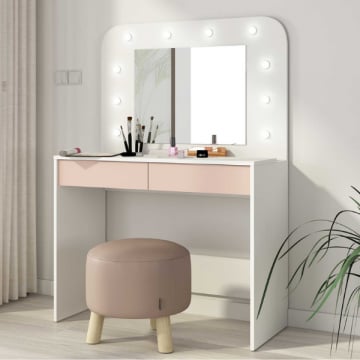 Kaptafel Holly met spiegel en verlichting 2 lades spaanplaat - wit/roze
