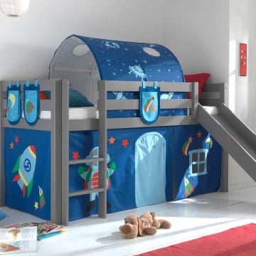 Halfhoogslaper met glijbaan Astrid met bedtent, -tunnel & opbergzakjes Astro - grijs