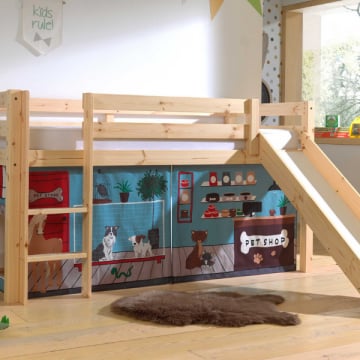 Halfhoogslaper met glijbaan Astrid met bedtent Pet Shop - dennenhout