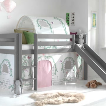 Halfhoogslaper met glijbaan Astrid met bedtent & bedtunnel Birdy - grijs