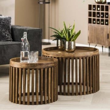 Set van 2 ronde salontafels Goma met opbergruimte - mangohout