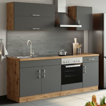 Kitchenette Sorrella 210cm met inbouwoven - antraciet/eik