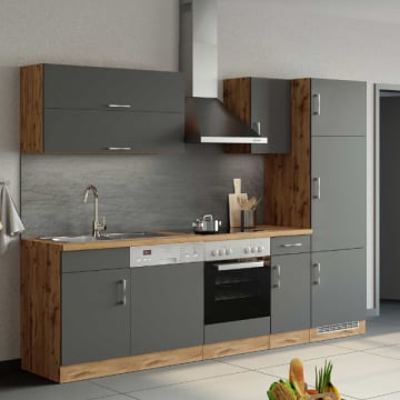 Kitchenette Sorrella 270cm met oven, vaatwas en koelkast - antraciet/eik