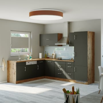 Kitchenette L-vorm Sorrella 270cm met oven, vaatwas en koelkast - antraciet/eik